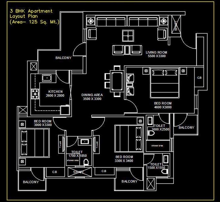 Modern 3 BHK Apartment Plan in AutoCAD DWG Format